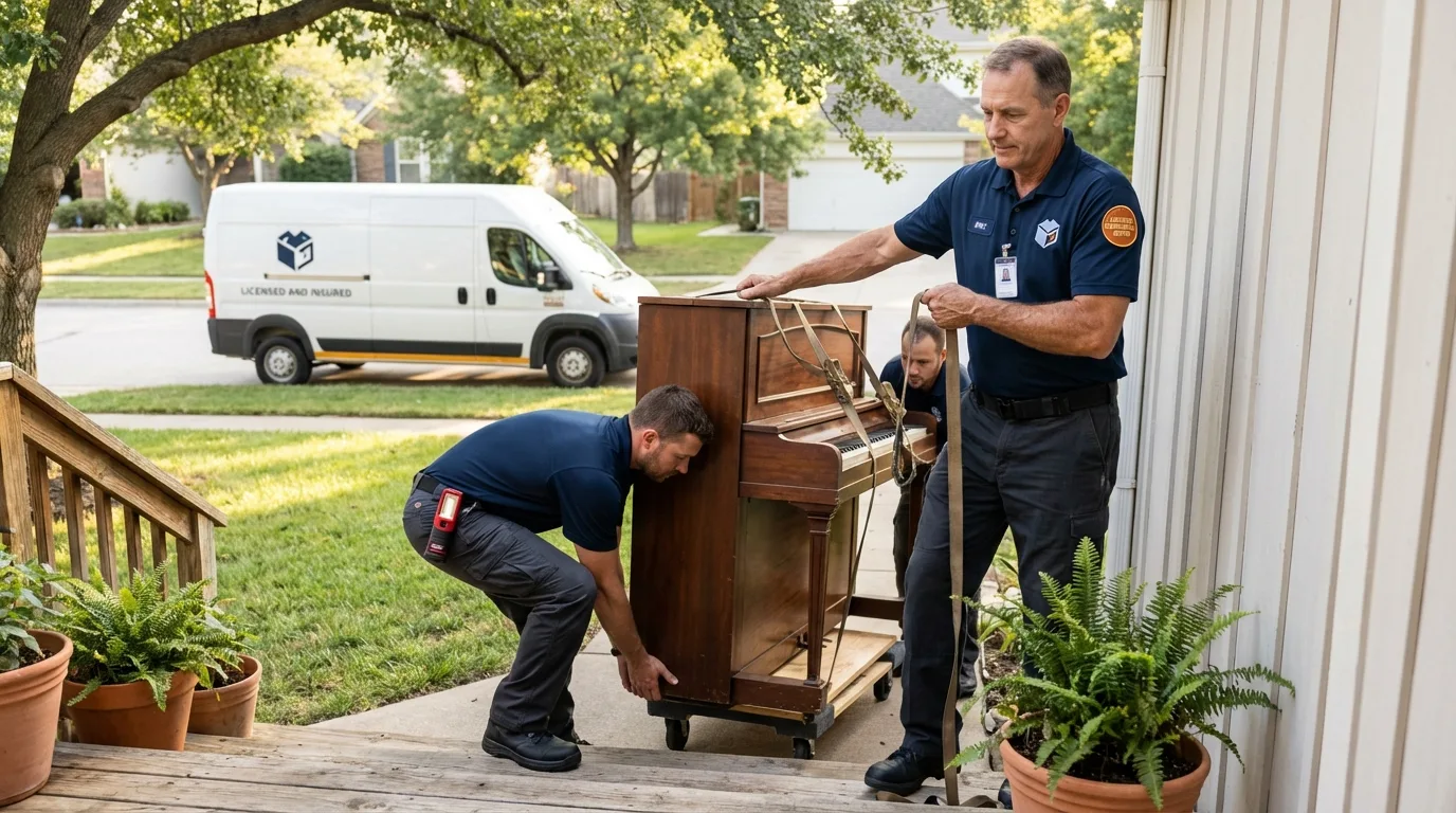 Licensed piano movers securing grand piano in Maunabo, PR